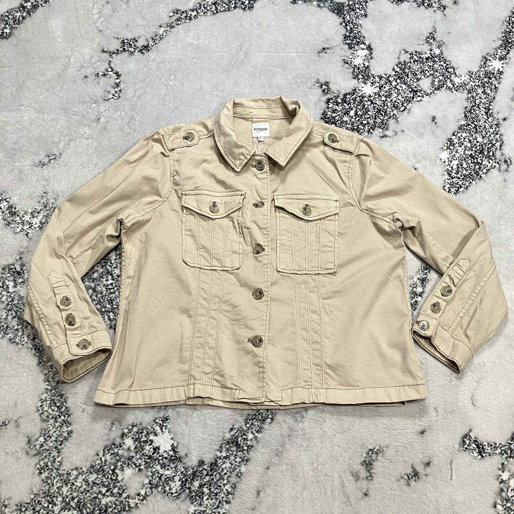 Kensie Jeans Utility Jacket Womens‎ Size XL Beige Military Button Front Jacket